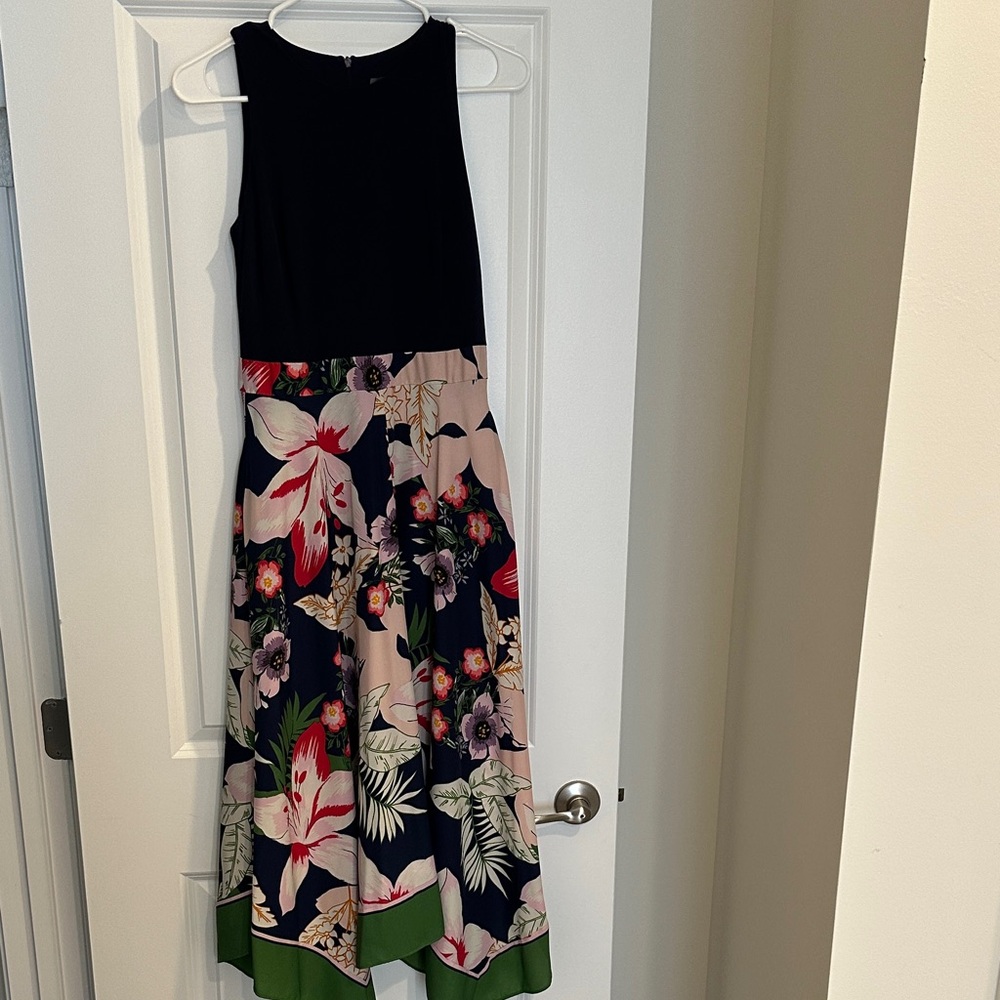 Vince Camuto navy and Floral Asymmetrical Dress size 4.